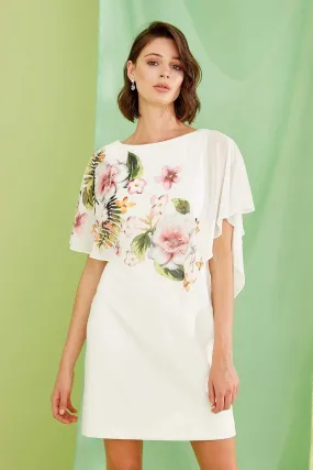 12960 Ecru Floral Chiffon Cape Dress