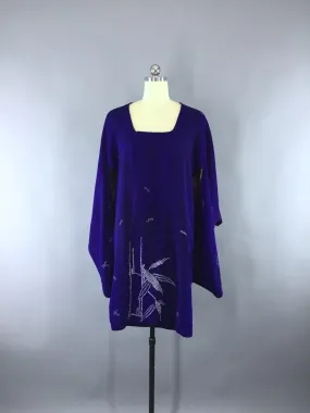 1940s Vintage Silk Kimono Jacket Michiyuki Coat in Blue and Purple Shibori