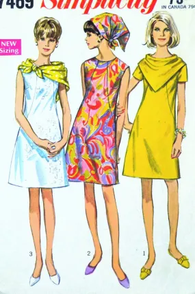 1960s MOD Dress Pattern SIMPLICITY 7469 With Two Scarves Easy To Sew Bust 34 Vintage Sewing Pattern UNCUT