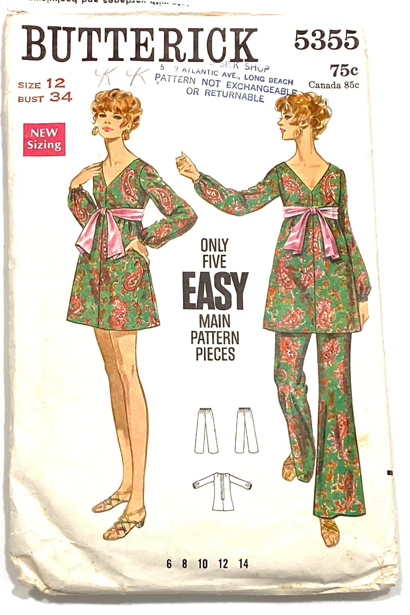 1969 Butterick 5355 Vintage Mini Dress Top and Pants Sewing Pattern