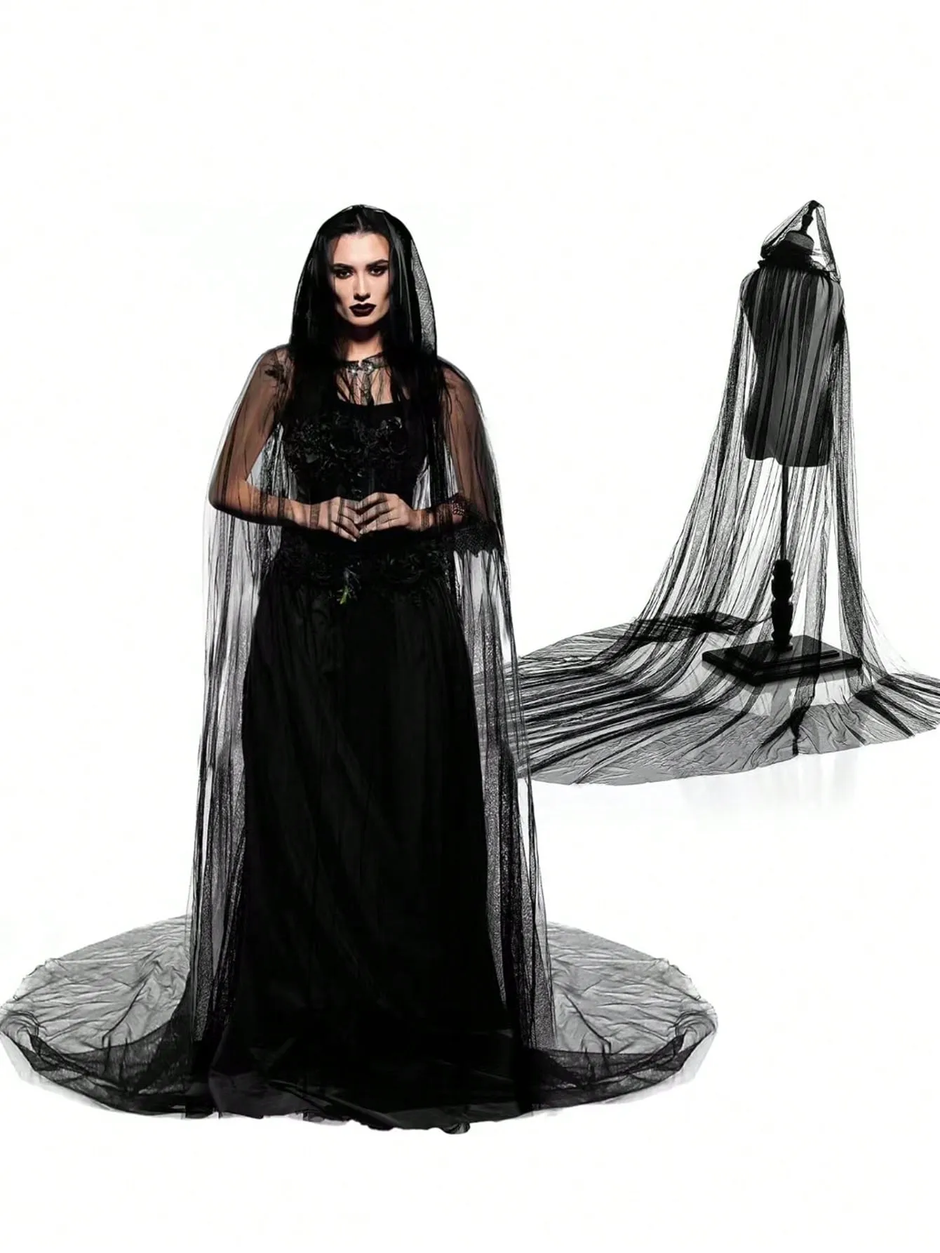 1pc Wedding Gauze Shawl Holiday Party Costume Cosplay Robe Monolayer Long Trailing Hooded Cape Black White Red