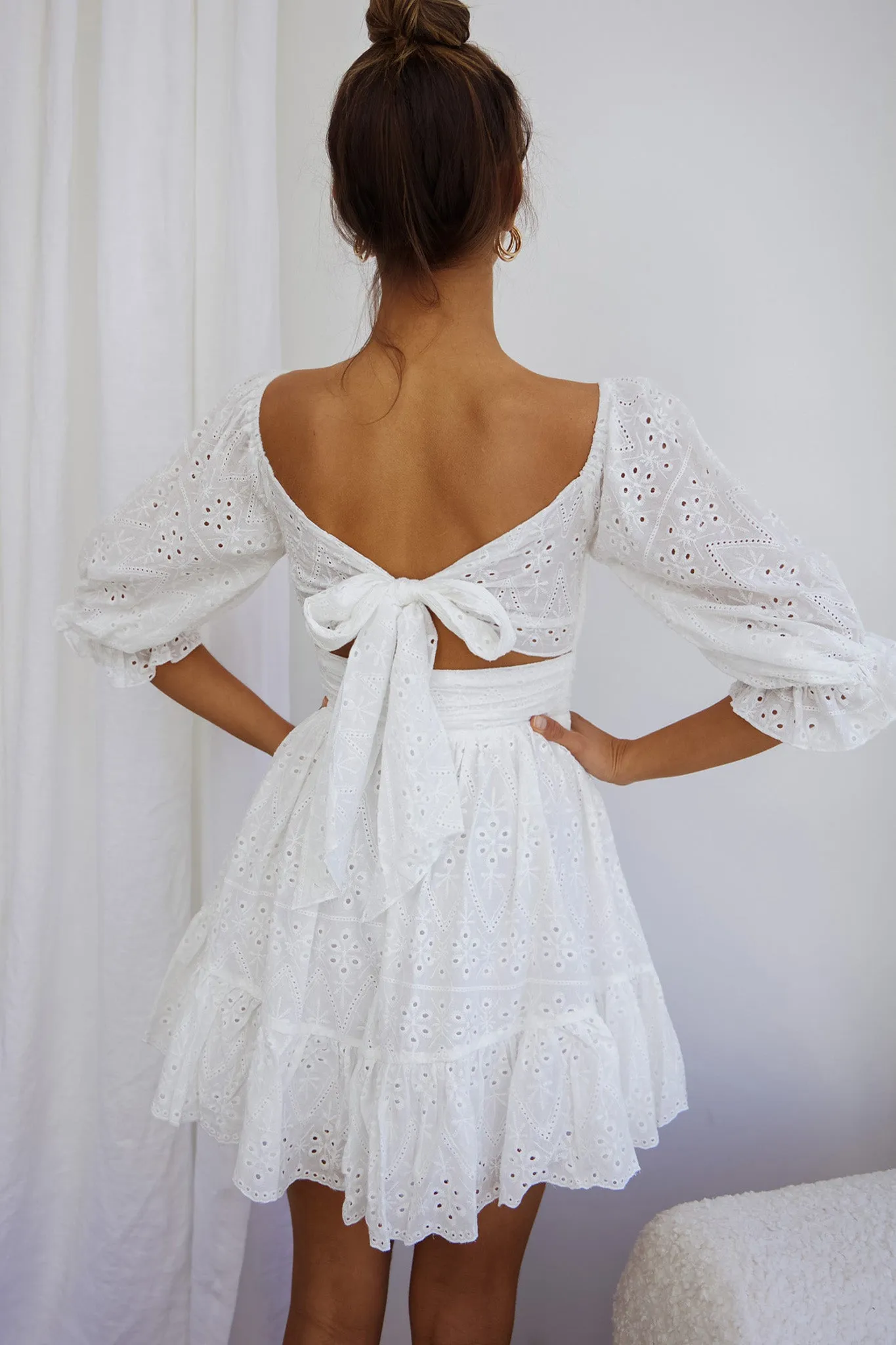 Abby Off-Shoulder Tie-Up Back Dress Eyelet Embroidery Dress White