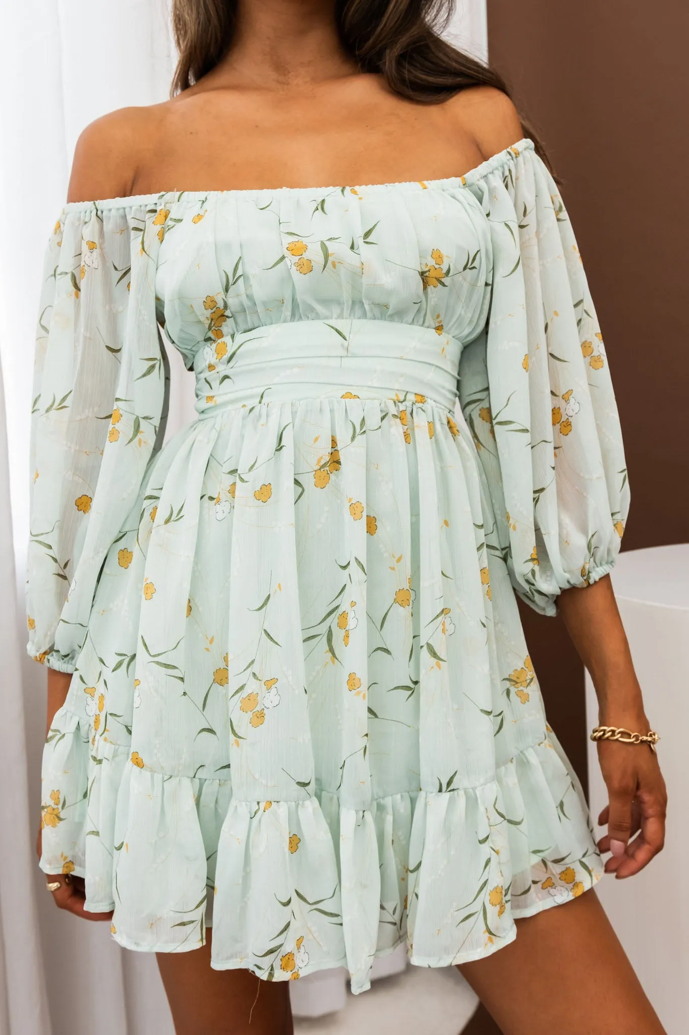 Abby Off-Shoulder Tie-Up Back Dress Floral Print Mint