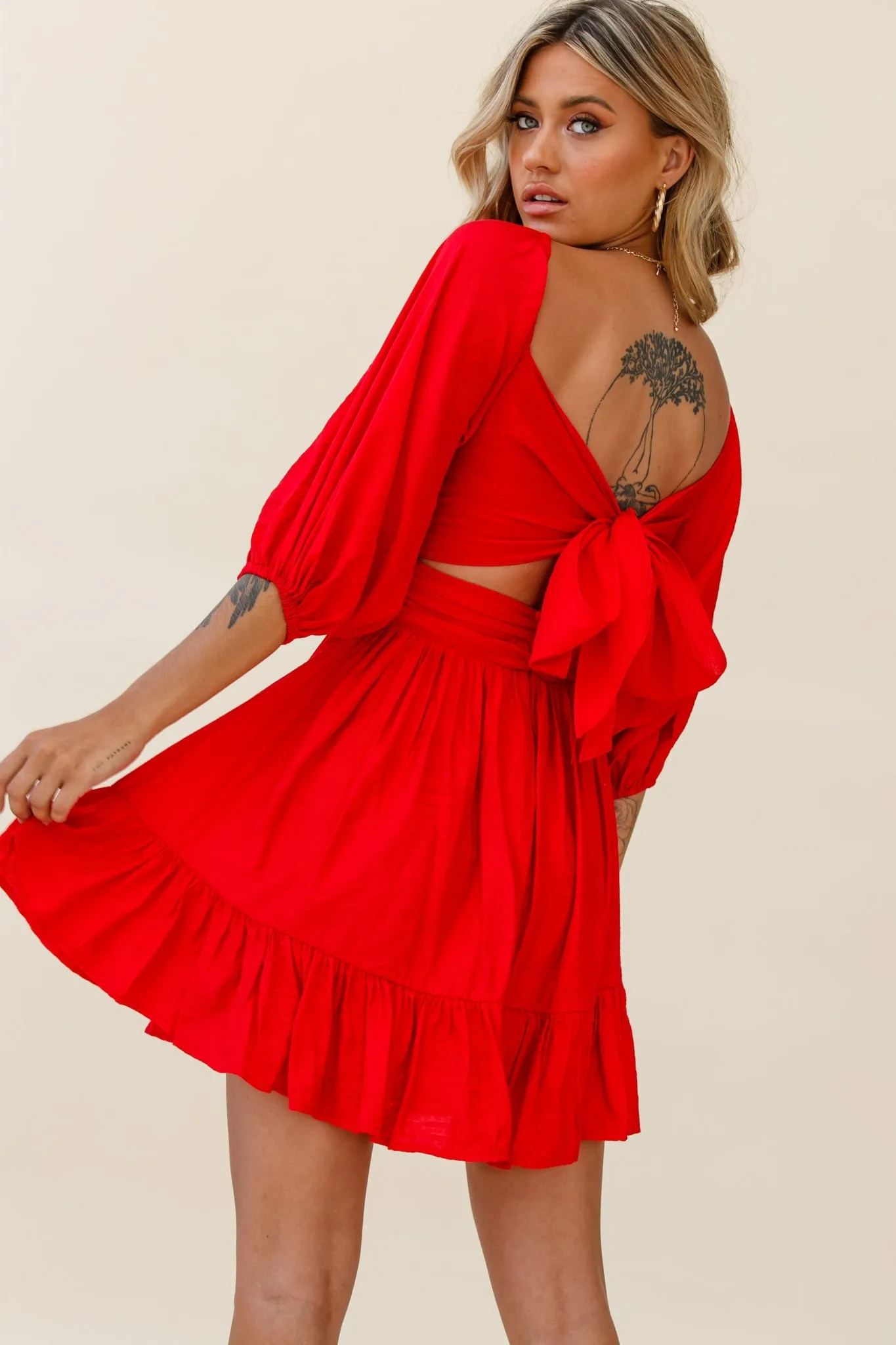 Abby Off-Shoulder Tie-Up Back Dress Red