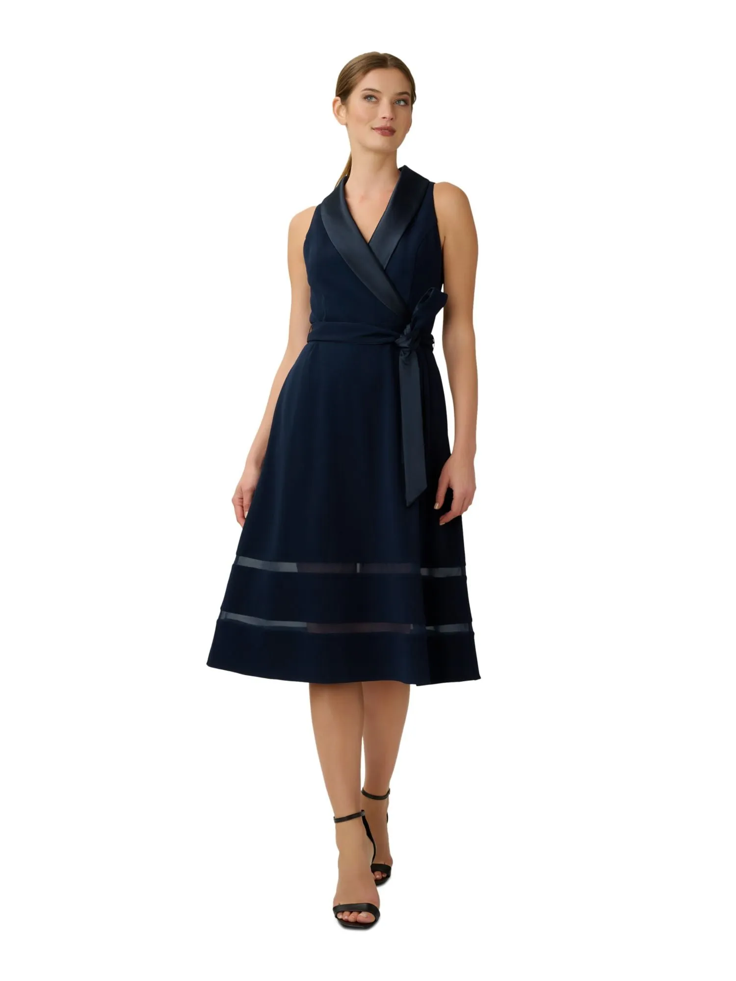 ADRIANNA PAPELL Womens Navy Zippered Pocketed Shawl Collar Mesh Trim Skirt Sleeveless Surplice Neckline Midi Party Fit   Flare Dress