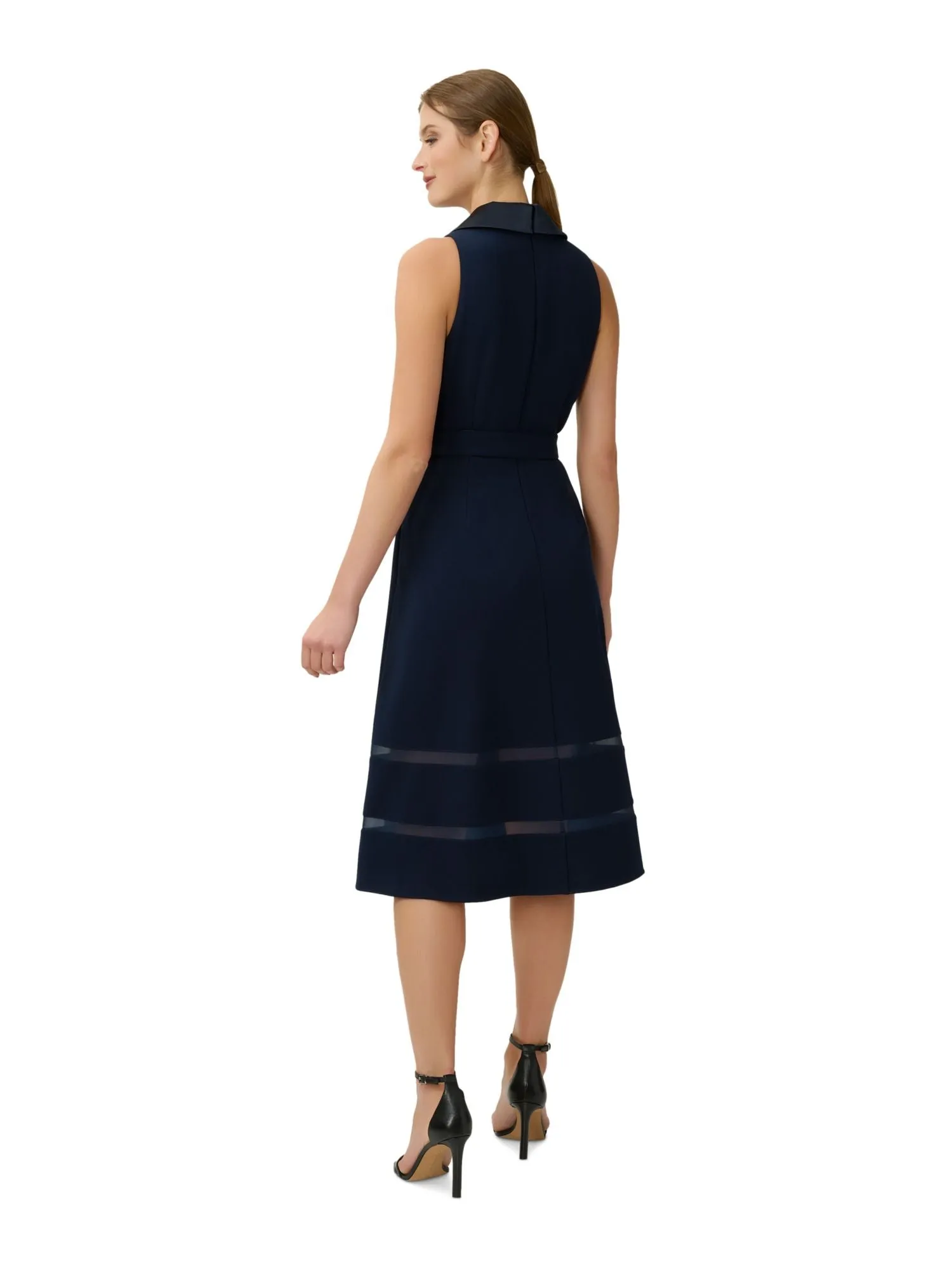 ADRIANNA PAPELL Womens Navy Zippered Pocketed Shawl Collar Mesh Trim Skirt Sleeveless Surplice Neckline Midi Party Fit   Flare Dress