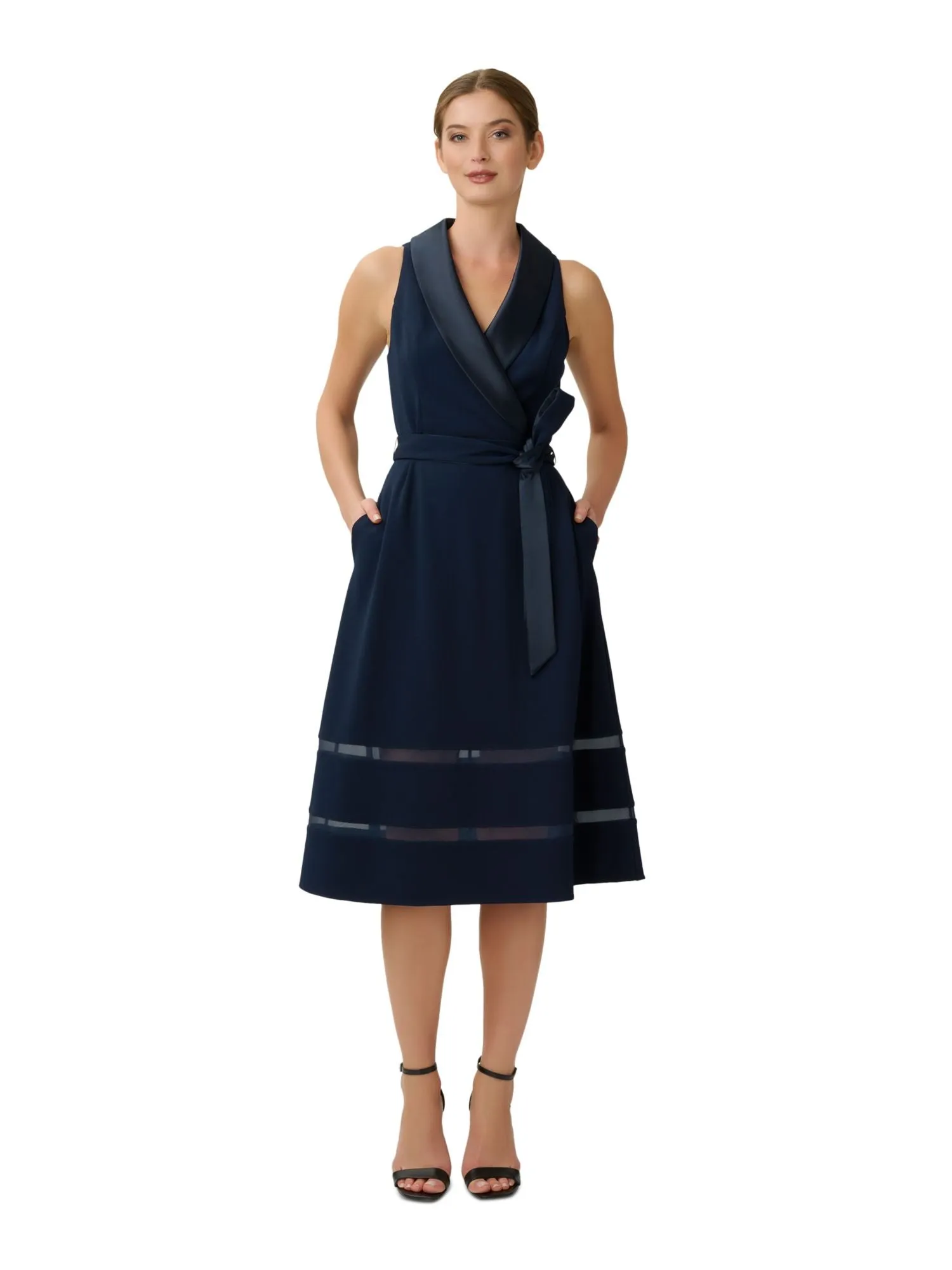 ADRIANNA PAPELL Womens Navy Zippered Pocketed Shawl Collar Mesh Trim Skirt Sleeveless Surplice Neckline Midi Party Fit   Flare Dress