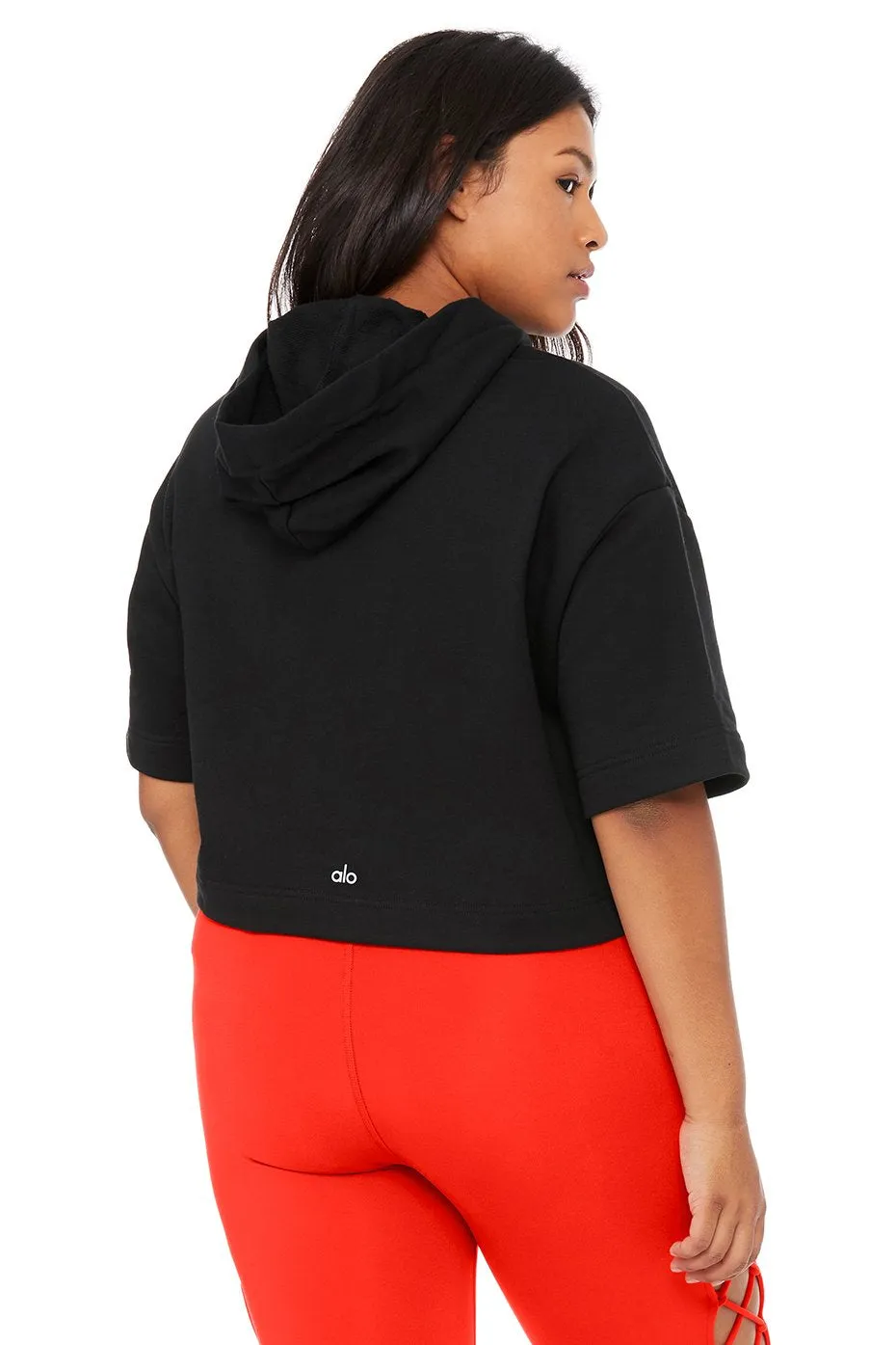 Air Land Ocean Short Sleeve Crop Hoodie - Black