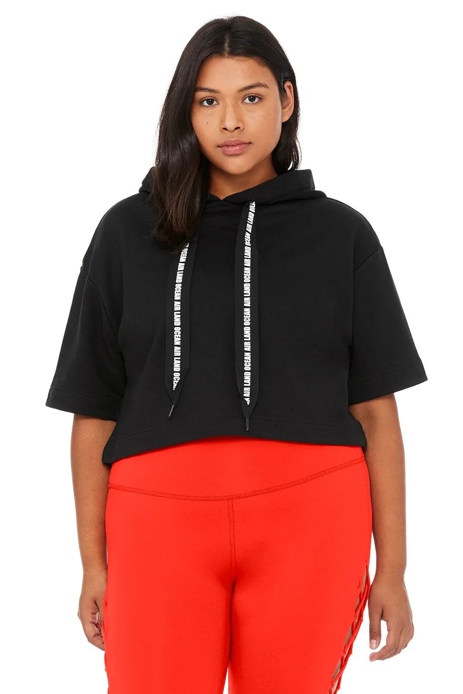 Air Land Ocean Short Sleeve Crop Hoodie - Black