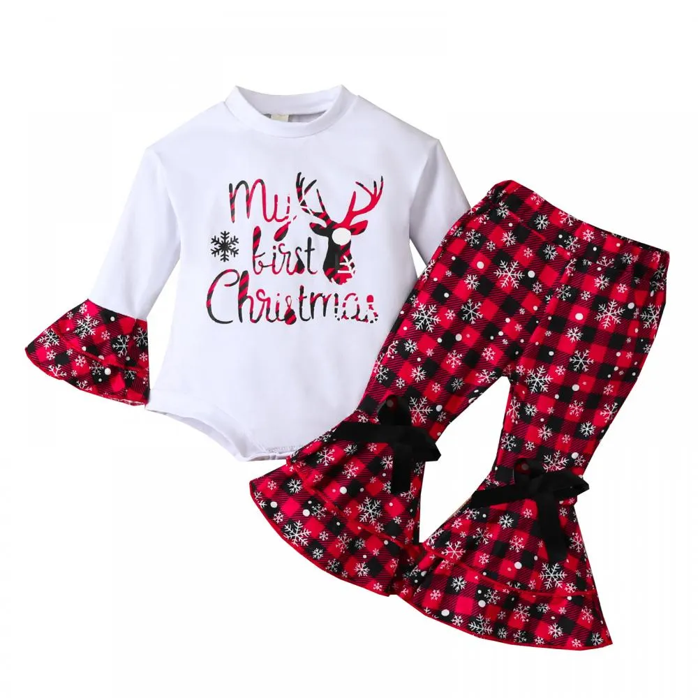 Baby Autumn Christmas Plaid Flared Pants Set Wholesale Baby Girls Clothes