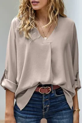 Beige V-Neck Long Sleeve Top