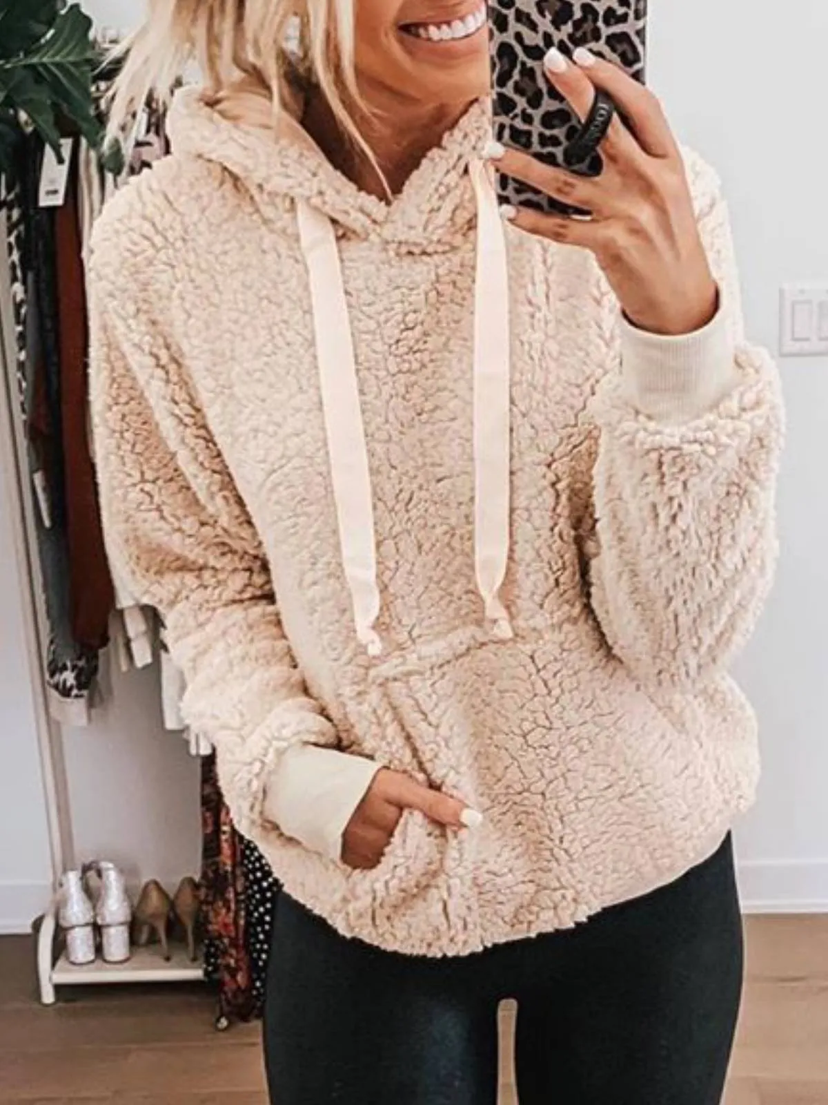 Beige Wool Long Sleeve Hoodie Winter Warm Fluffy Sweatshirt