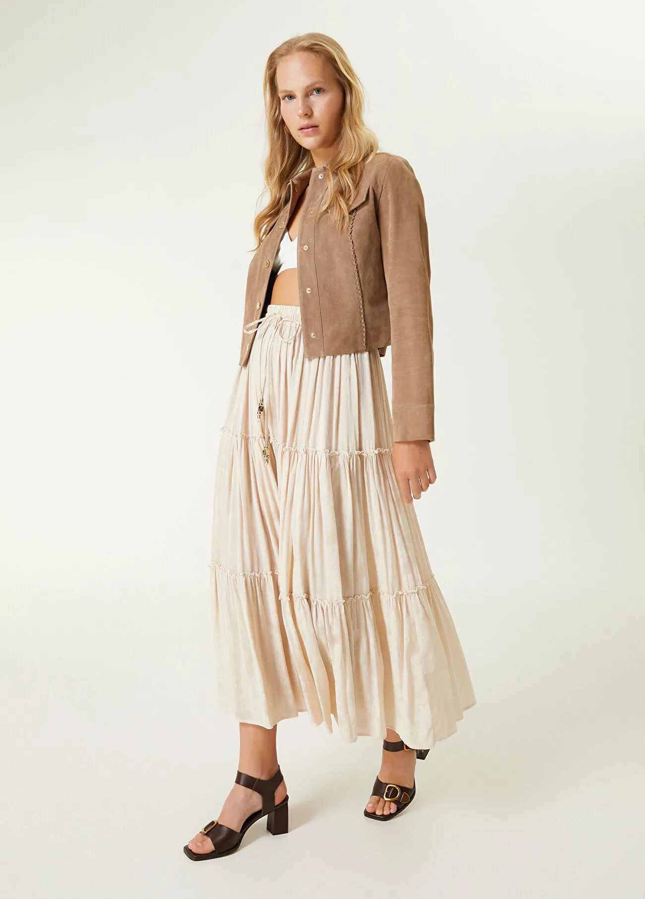 Beymen Club Shawl Jacquard Layered Midi Skirt Beige