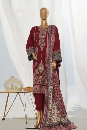 Bin Saeed Stitched 3 Piece Exclusive Slub Emb Khaddar Vol-03 Collection'2024-WKK-1286-Maroon