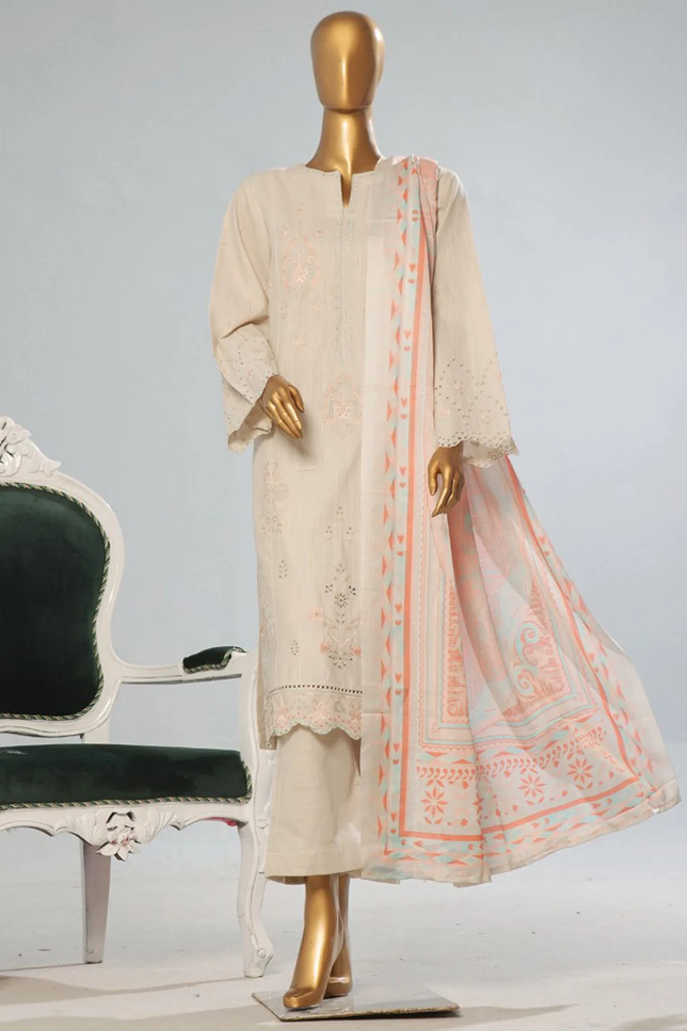 Bin Saeed Stitched 3 Piece Luxury Emb Khaddar With Shawl Collection'2024-WKK-1203-Skin