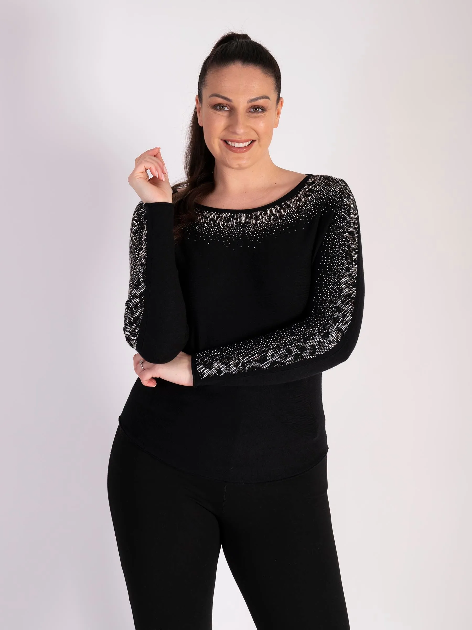 Black Diamante Round Neck Jumper