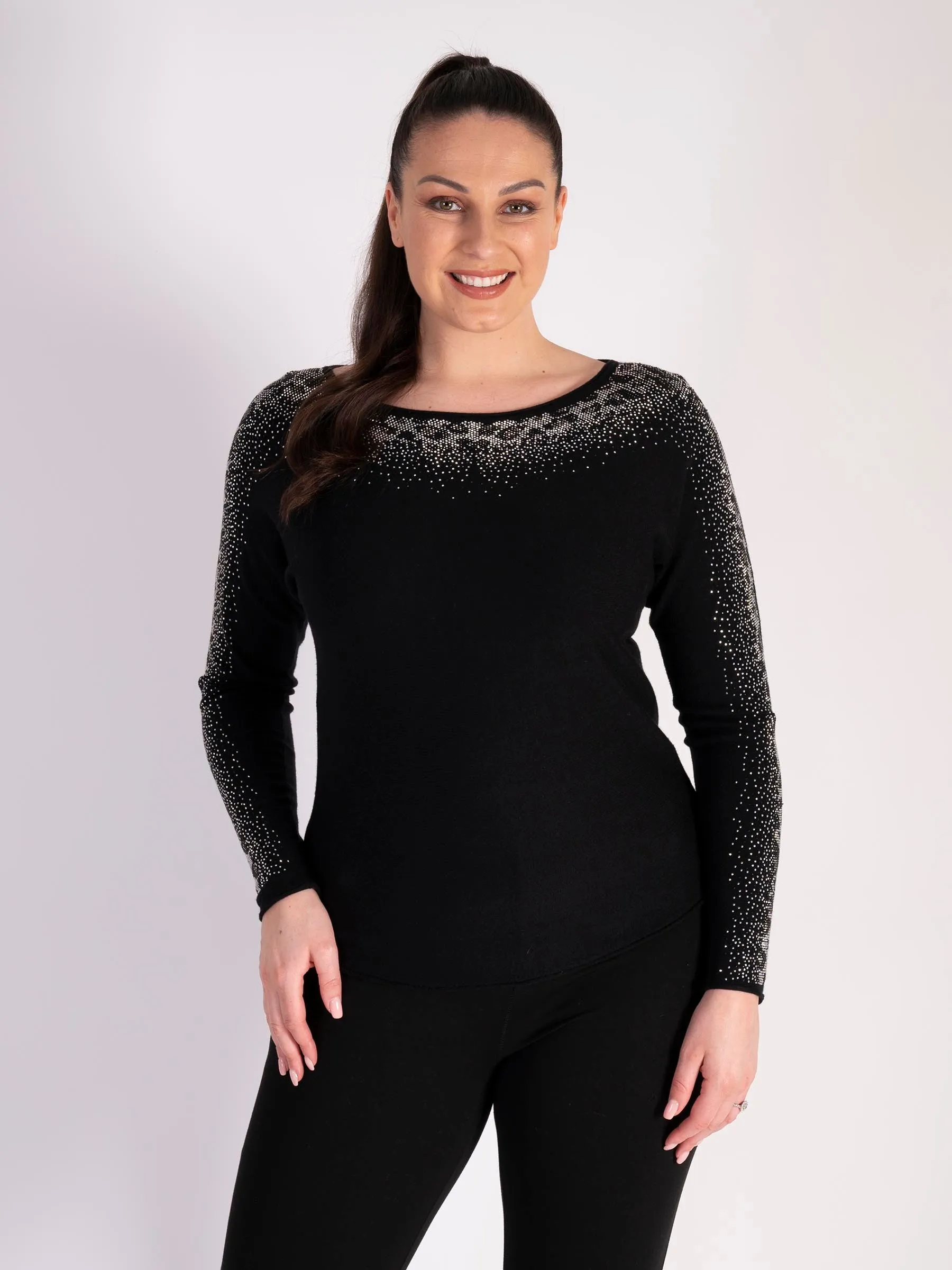 Black Diamante Round Neck Jumper