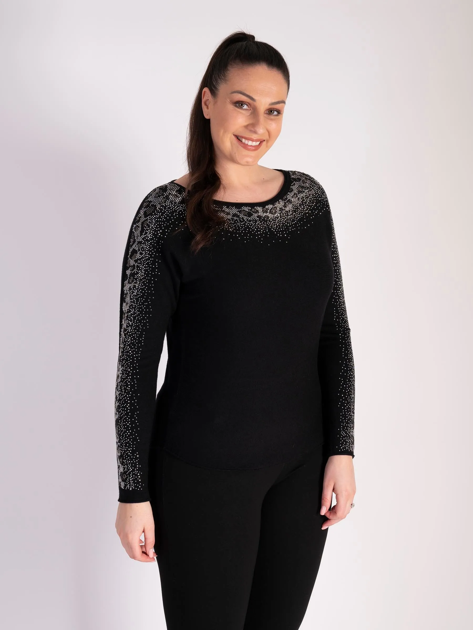 Black Diamante Round Neck Jumper