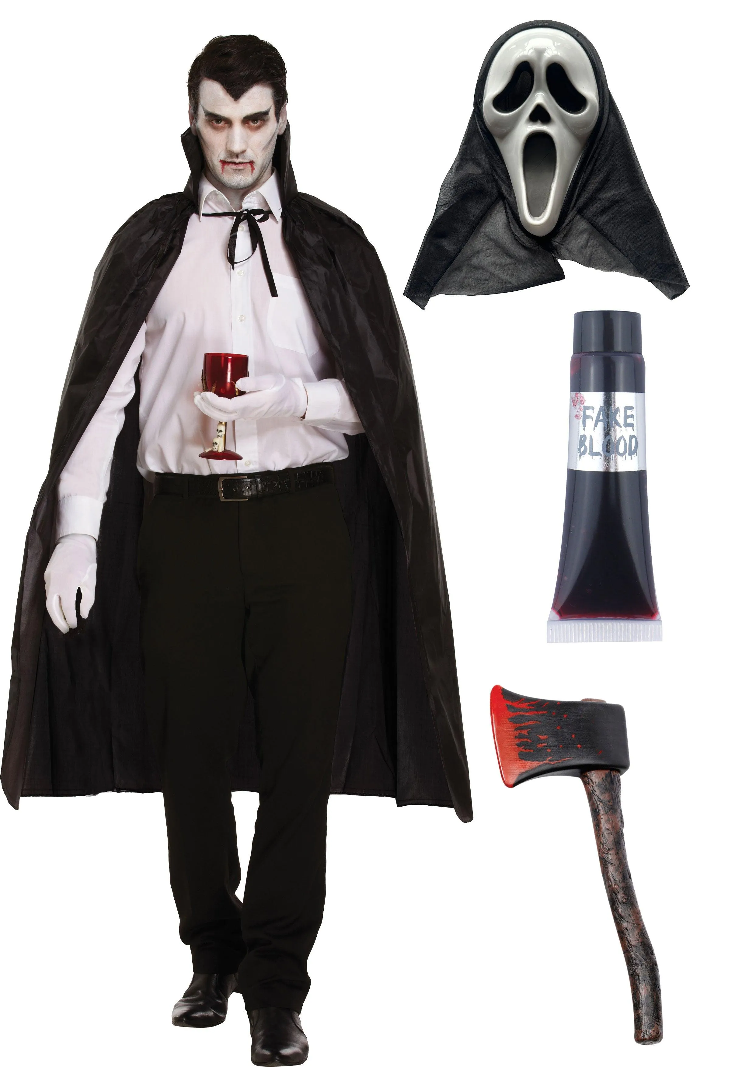 Black Dracula Cape with Collar Scream Ghost Killer Mask Fake Blood Tube Bloody Axe Prop Halloween Scary Dracula Costume