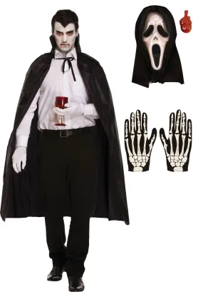 Black Long Dracula Cape with Collar Scream Bleeding Mask Skeleton Gloves Halloween Scary Dracula Costume