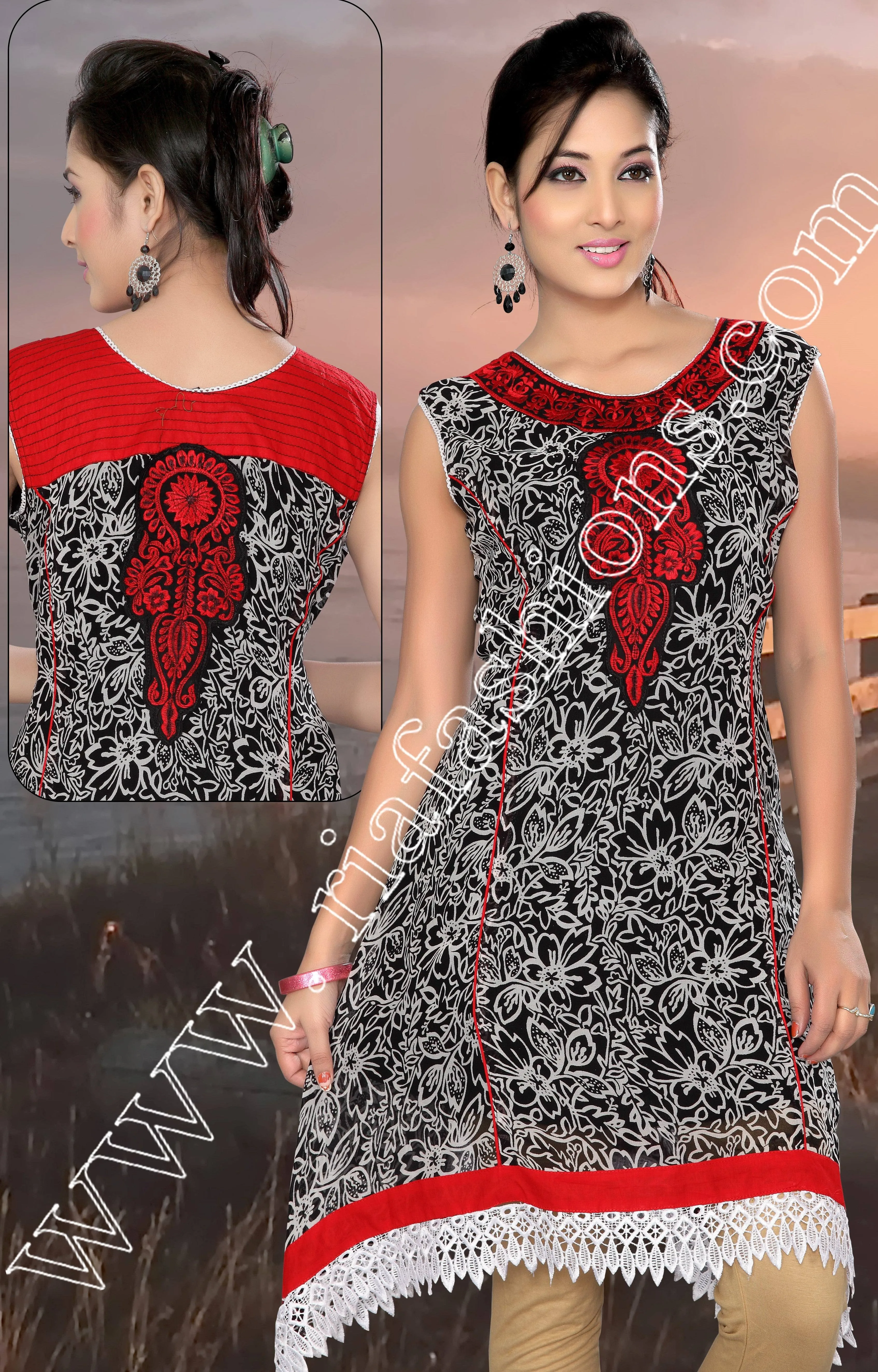 Black Printed Georgette Kurti With Embroidered Yoke