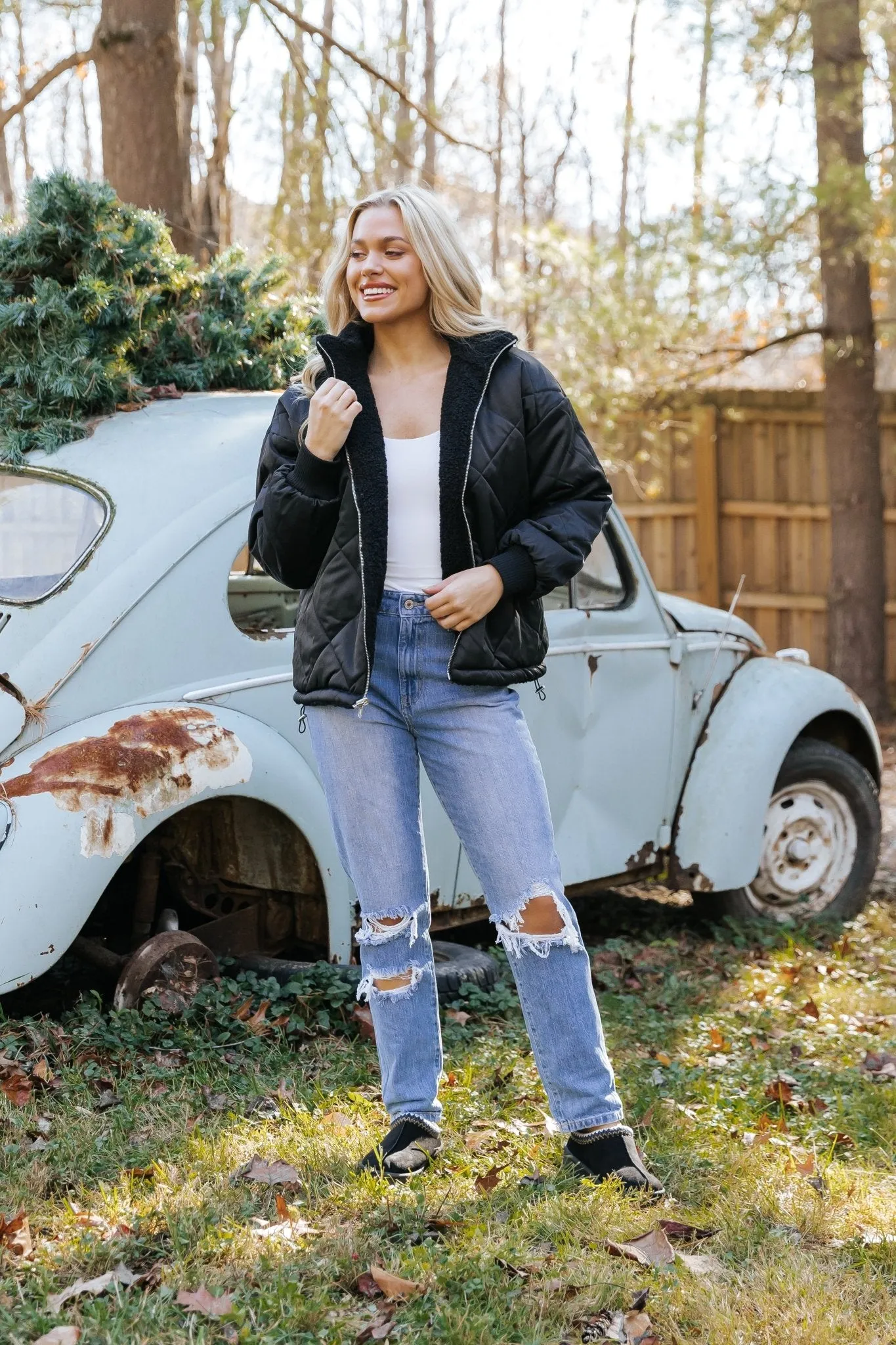 Black Reversible Faux Fur Puffer Jacket