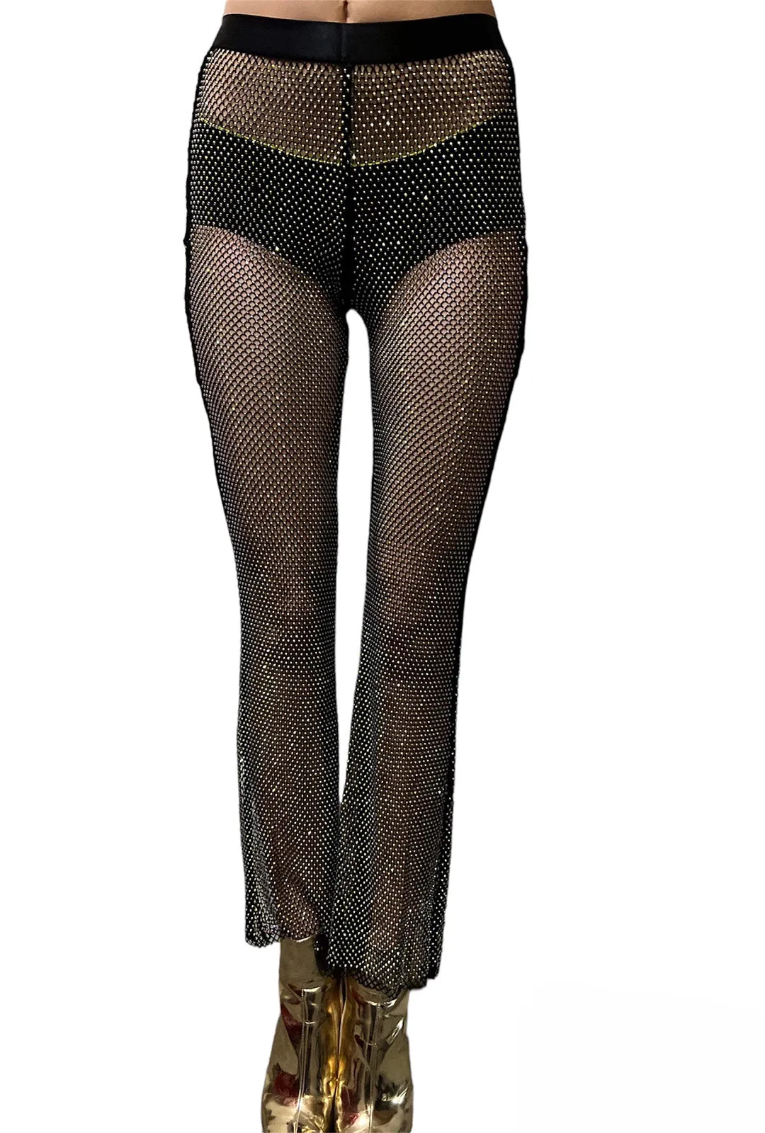 Black Rhinestone Fishnet Flared Pants