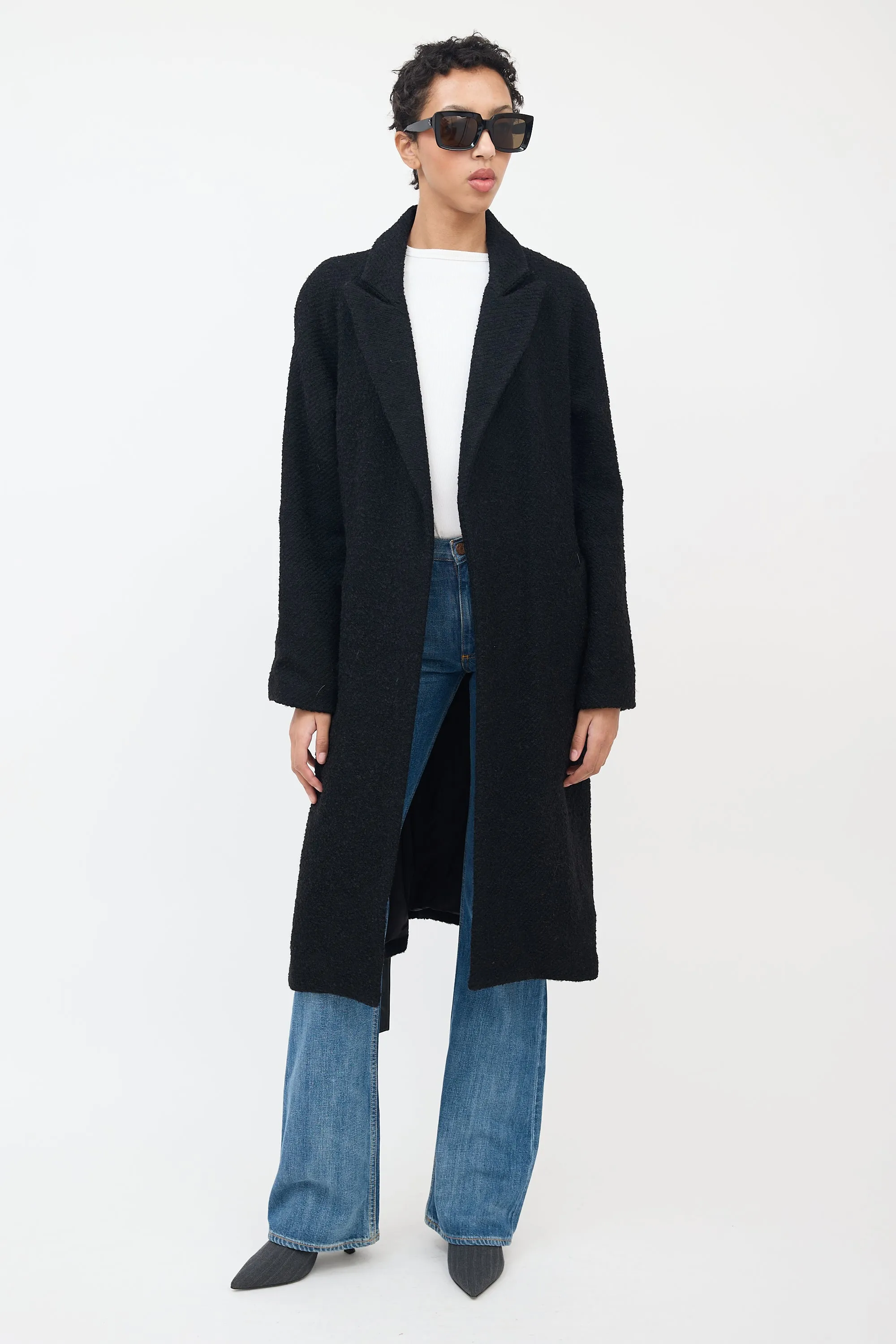 Black Wool Bouclé & Leather Coat