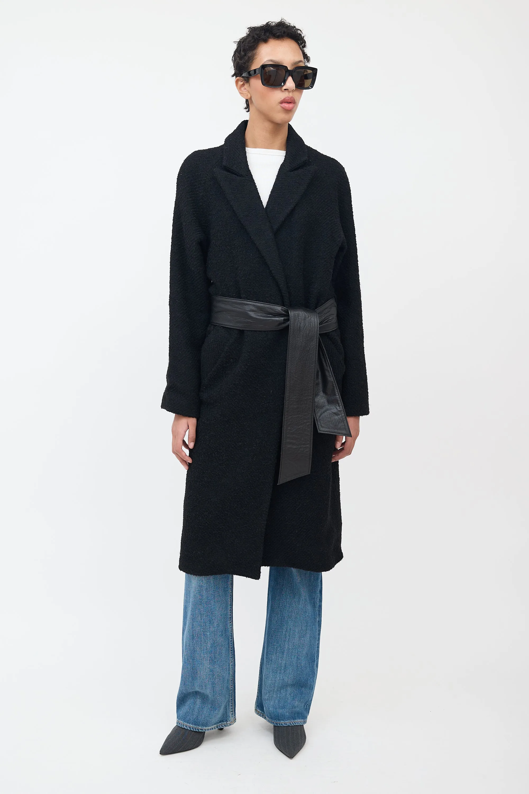 Black Wool Bouclé & Leather Coat