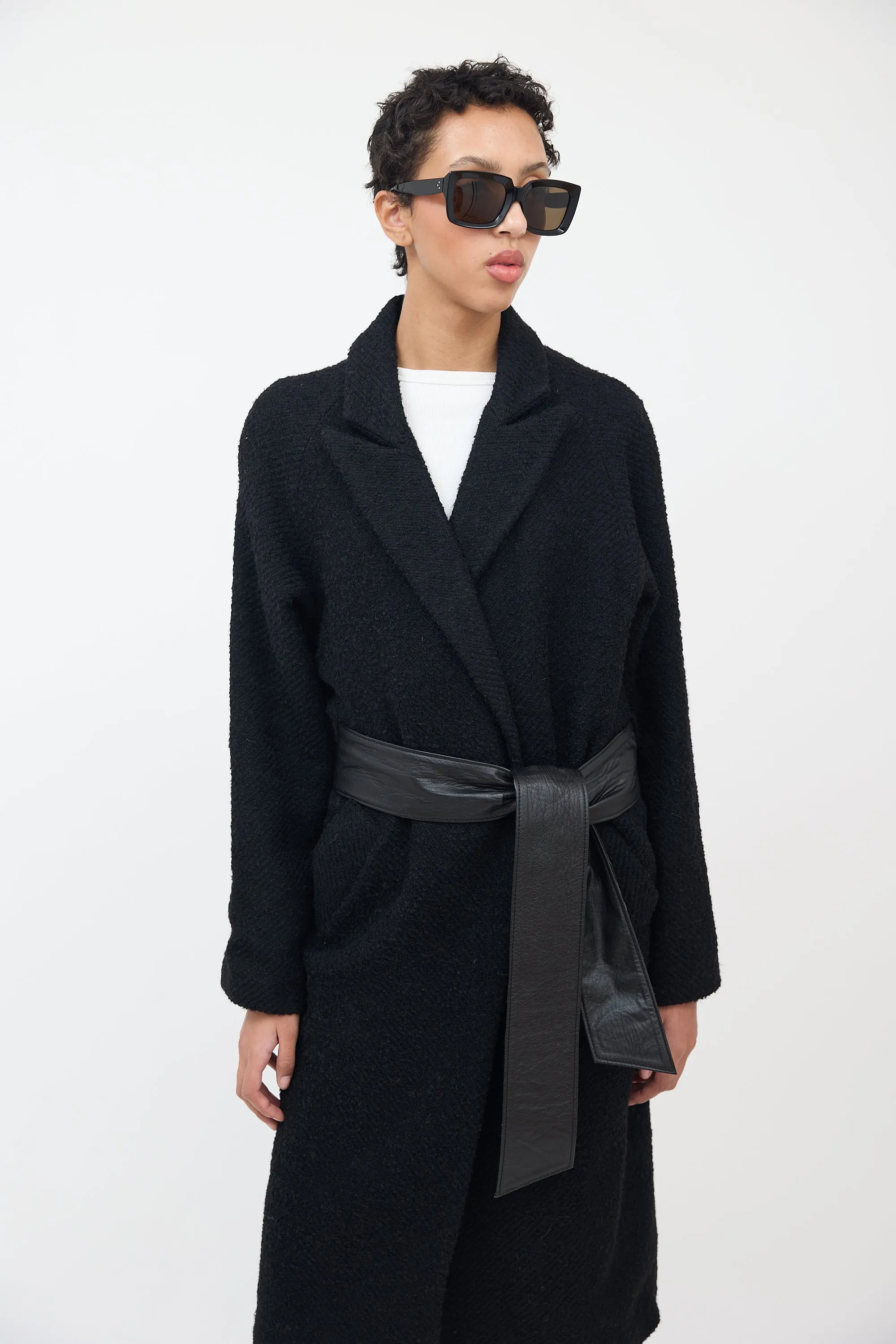 Black Wool Bouclé & Leather Coat