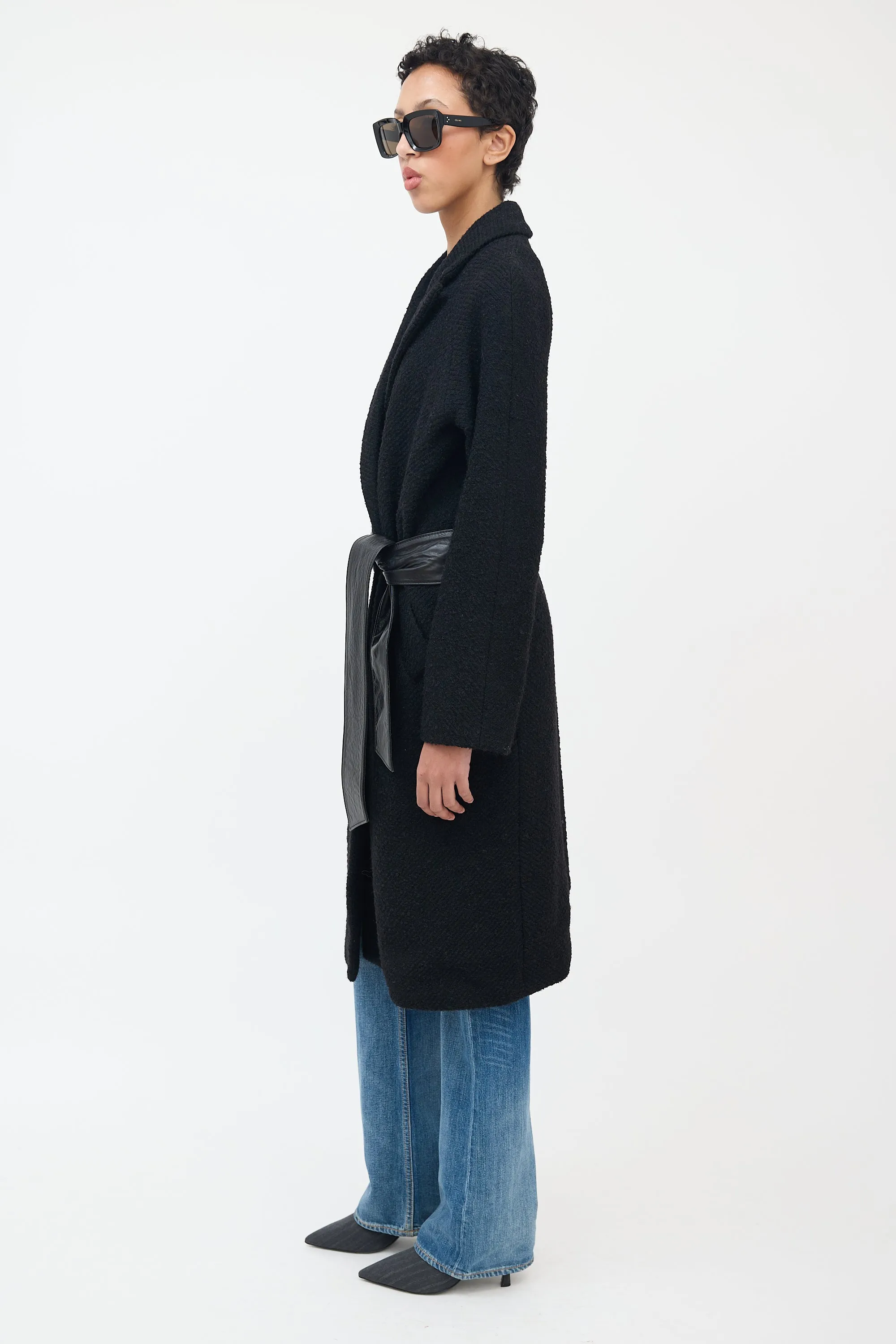 Black Wool Bouclé & Leather Coat