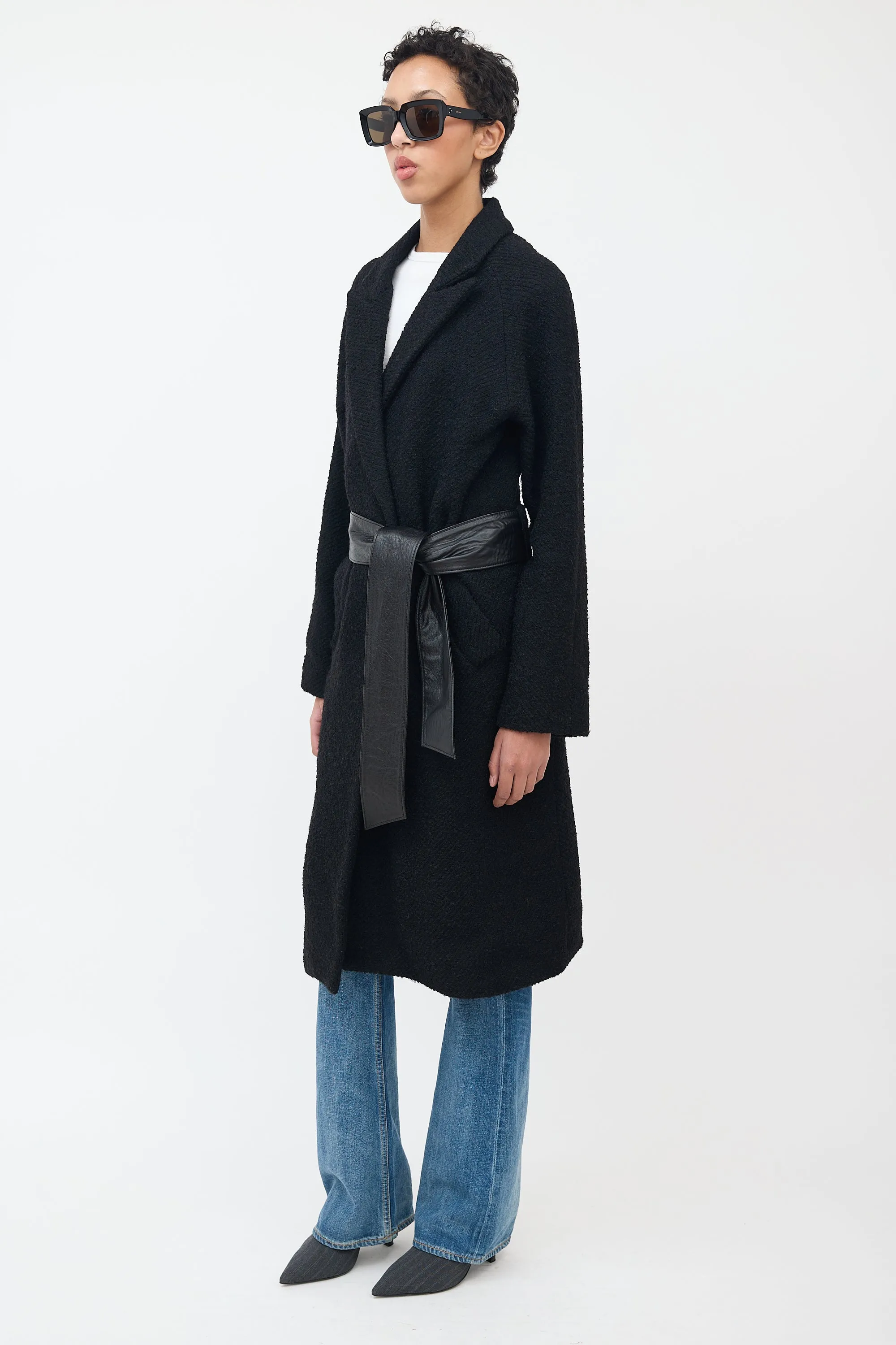 Black Wool Bouclé & Leather Coat