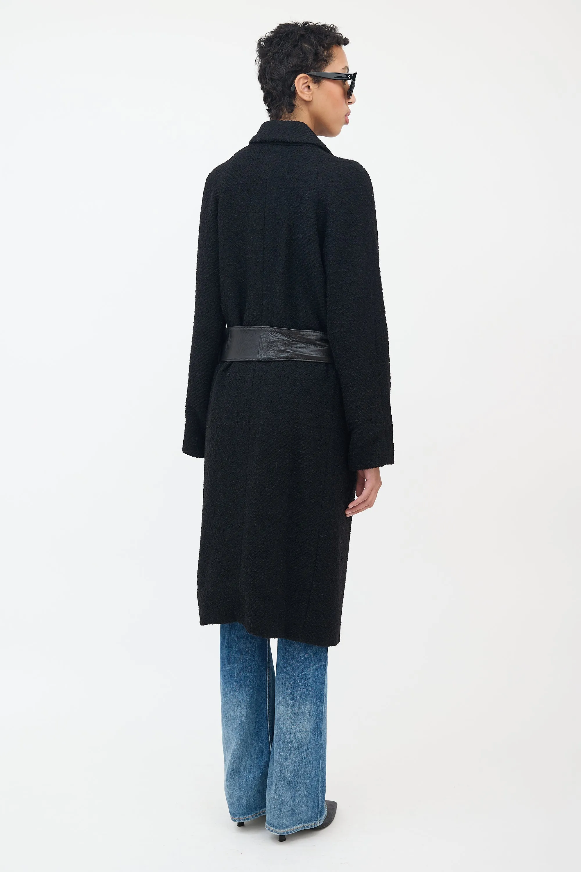 Black Wool Bouclé & Leather Coat