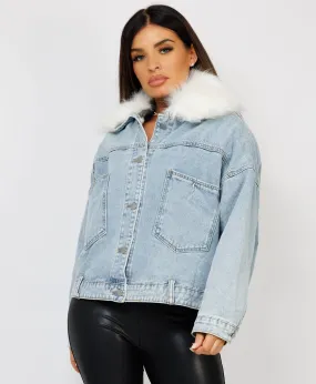 Blue Faux Fur Trim Cross Lace Back Denim Jackets