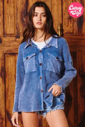 Bucket List Plus Size Waffle Button-up Blue