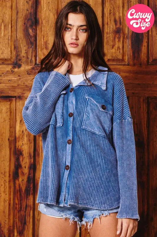 Bucket List Plus Size Waffle Button-up Blue