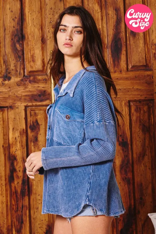 Bucket List Plus Size Waffle Button-up Blue