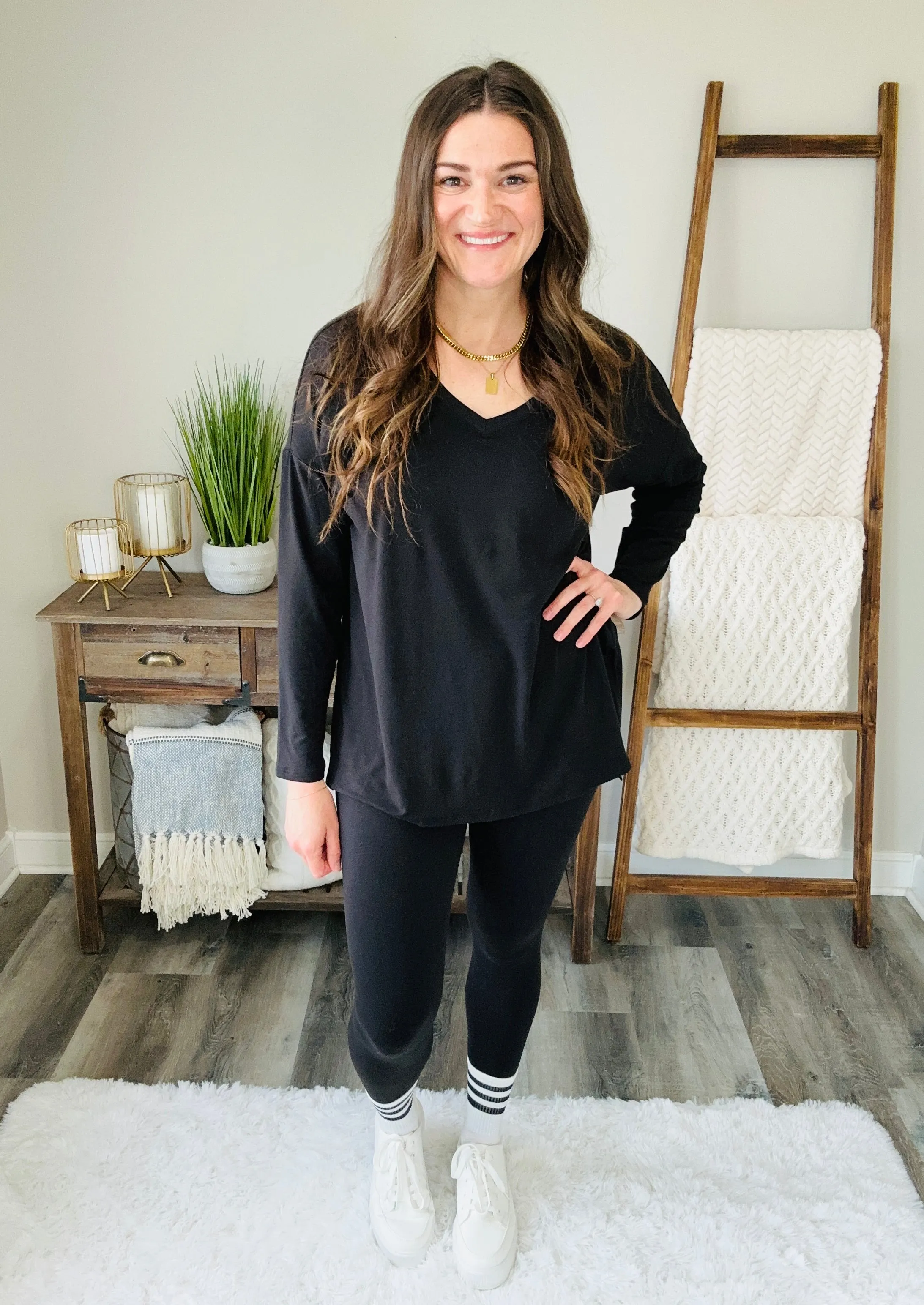 Buttery Soft V-Neck Long Sleeve Loungewear Set in Black