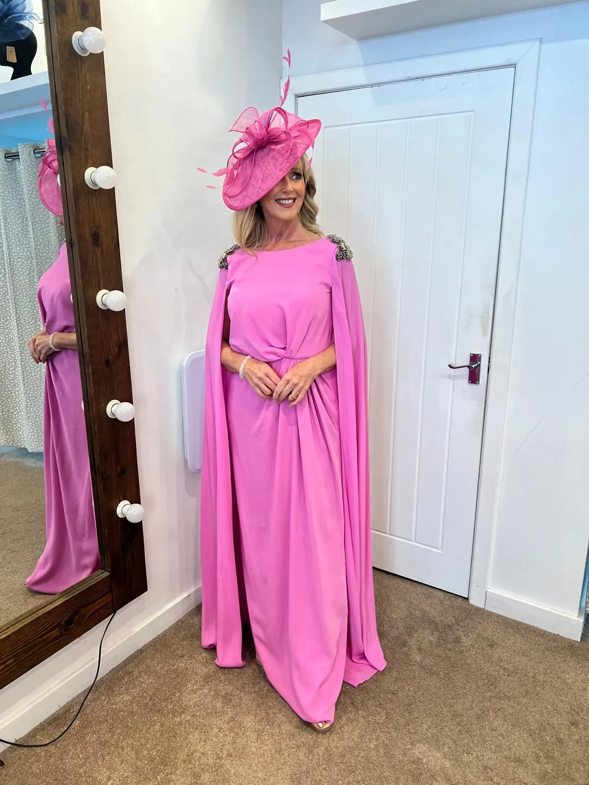 Carla Ruiz Rosa candy pink full length cape dress 50518