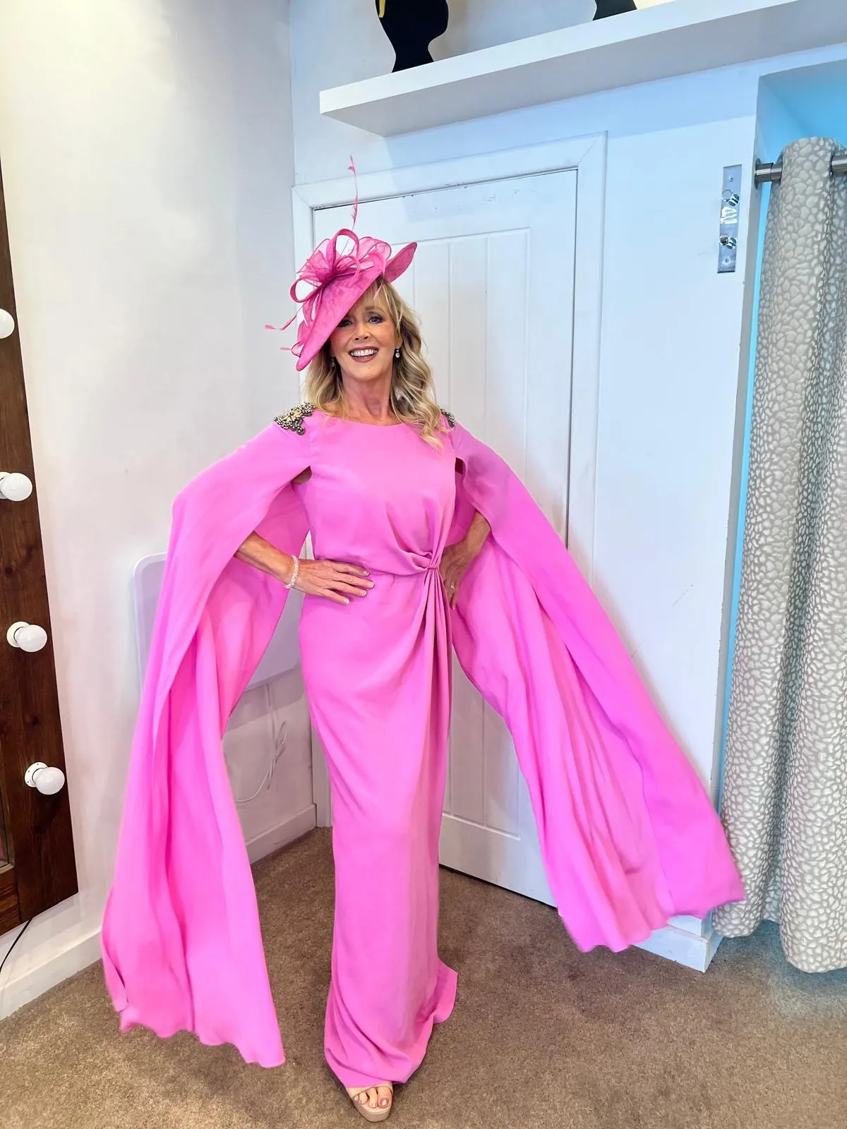 Carla Ruiz Rosa candy pink full length cape dress 50518