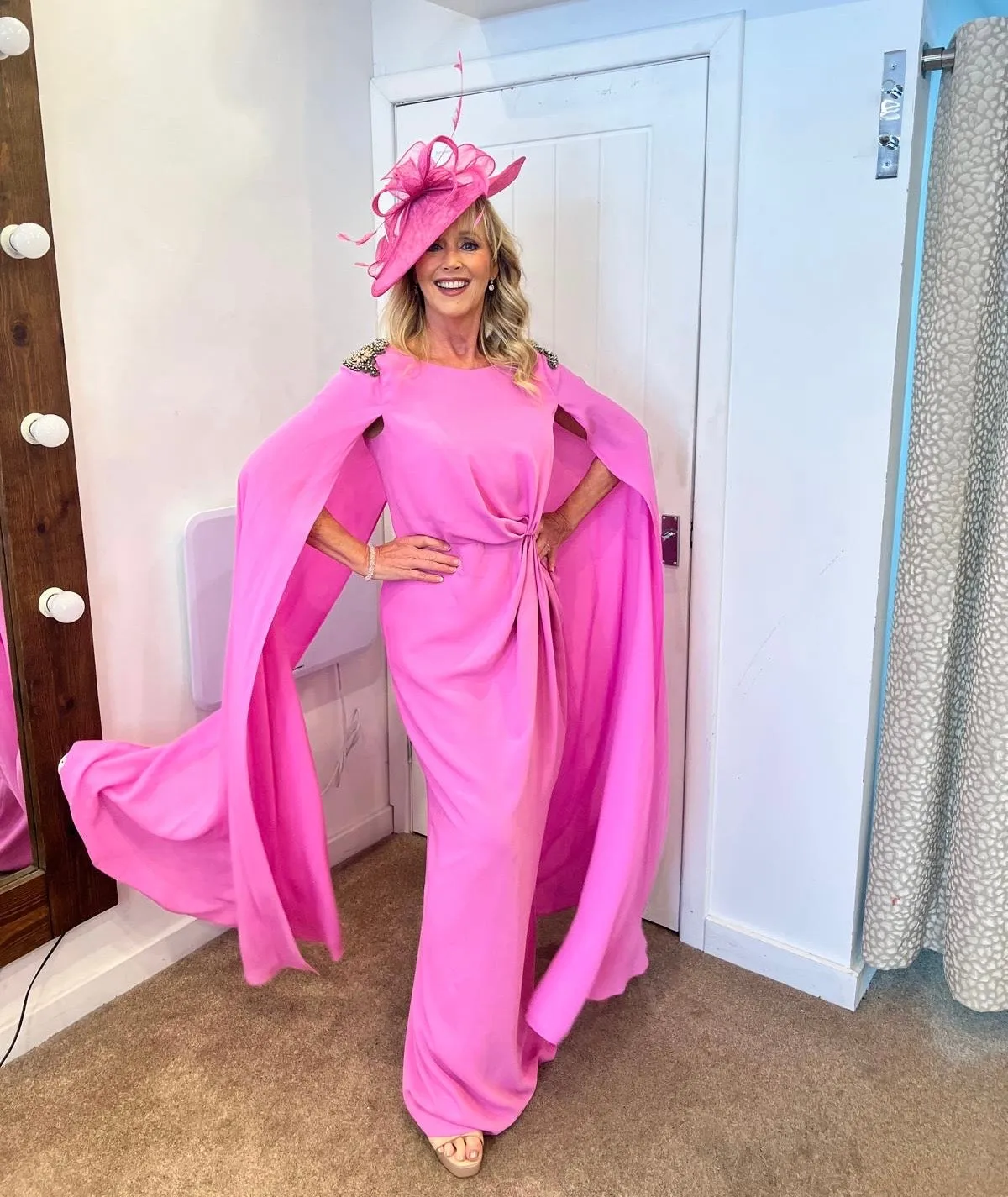 Carla Ruiz Rosa candy pink full length cape dress 50518