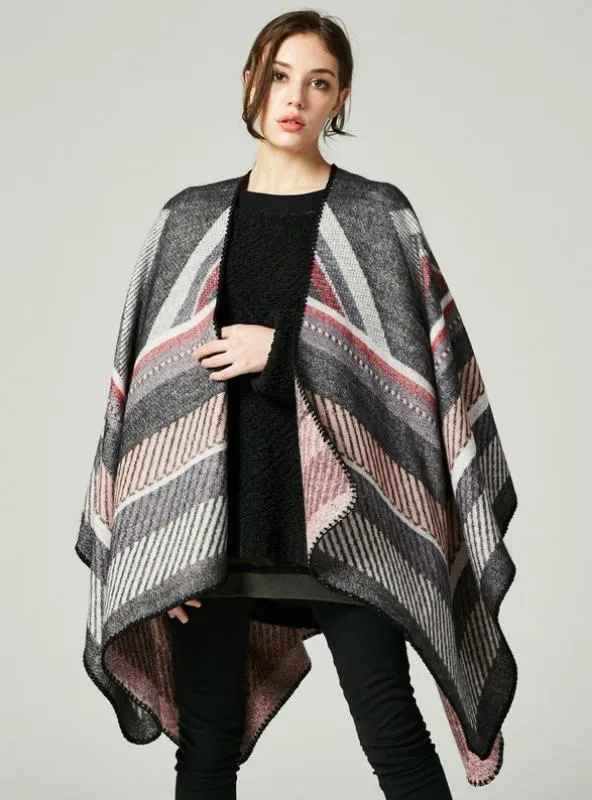 CASHMERE LIKE CAPE LARGE FRAME JACQUARD SPLIT SHAWL