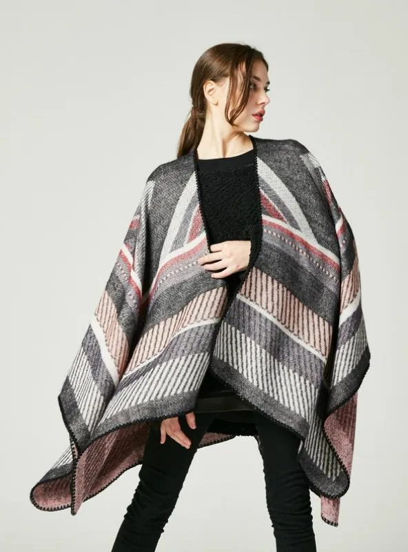 CASHMERE LIKE CAPE LARGE FRAME JACQUARD SPLIT SHAWL