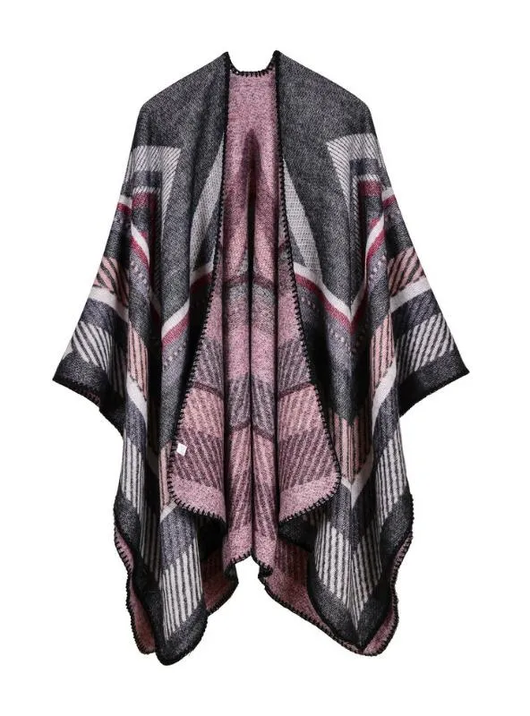 CASHMERE LIKE CAPE LARGE FRAME JACQUARD SPLIT SHAWL