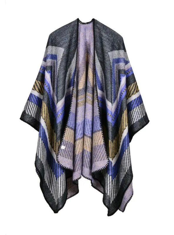 CASHMERE LIKE CAPE LARGE FRAME JACQUARD SPLIT SHAWL