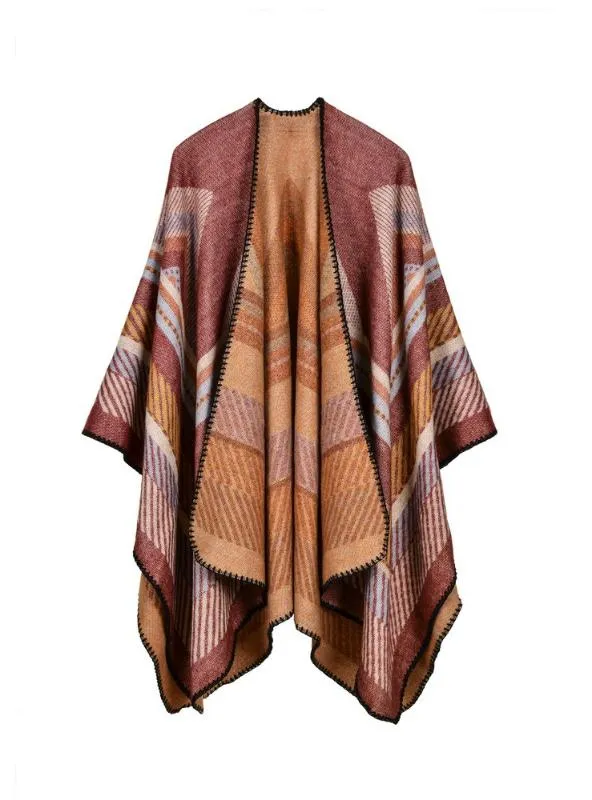 CASHMERE LIKE CAPE LARGE FRAME JACQUARD SPLIT SHAWL