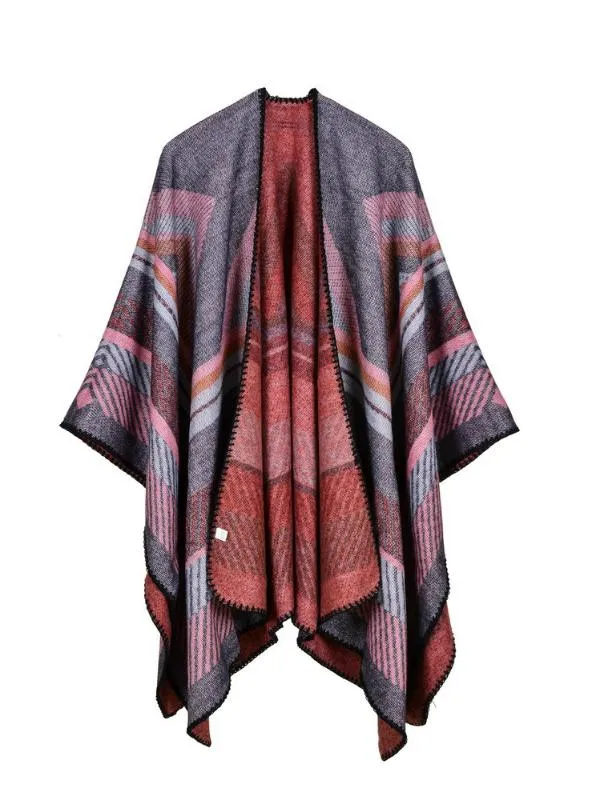 CASHMERE LIKE CAPE LARGE FRAME JACQUARD SPLIT SHAWL