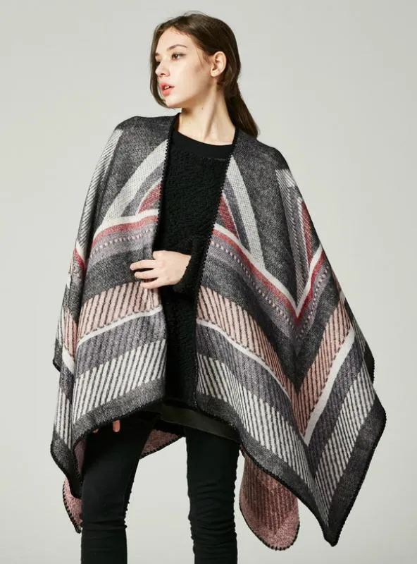 CASHMERE LIKE CAPE LARGE FRAME JACQUARD SPLIT SHAWL