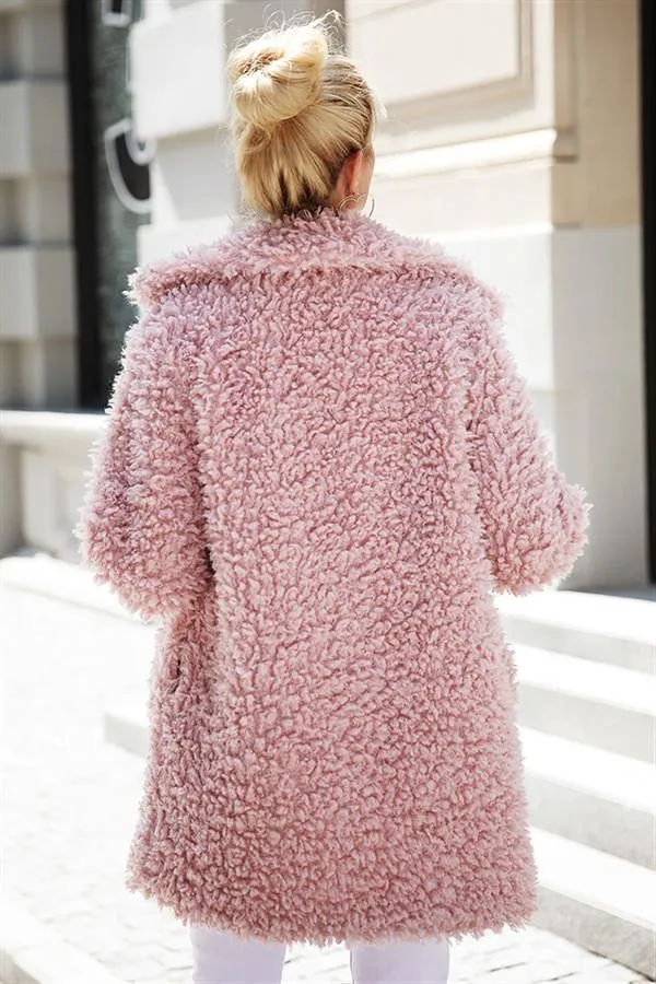 Casual Pink Faux Fur Long Coat