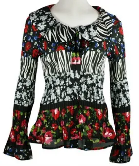 Cathaya Pleated Floral Print, Flared Long Sleeve Blouse with Wide Rounded Collar